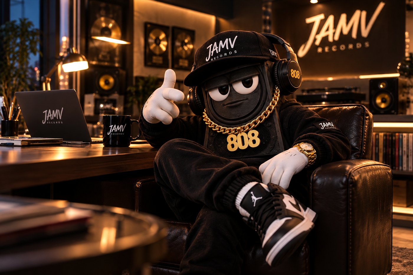 808, o mascote oficial da JAMV Records, em cena de apresentação