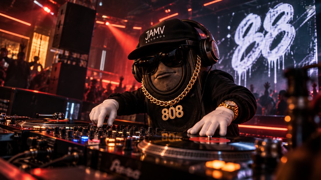 808 em close, com corrente dourada, vista de uma cobertura à noite