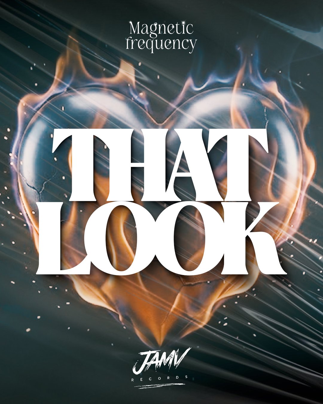 Arte gráfica da estampa That Look da JAMV Records, coração em chamas