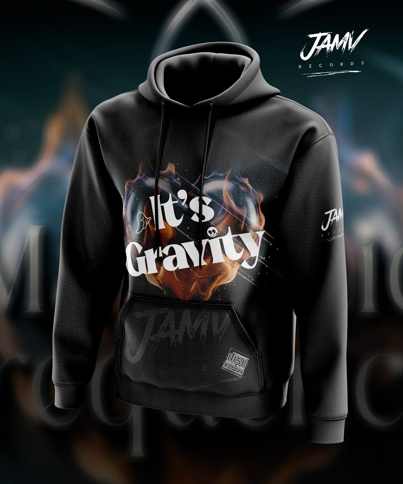 Moletom preto It's Gravity da JAMV Records, foto de estúdio